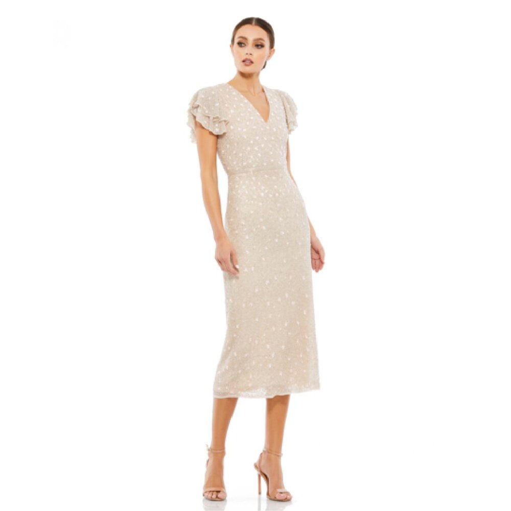 Mac Duggal Embellished Ruffle Cap Sleeve V-neck Midi Dress in Oyster Size 4